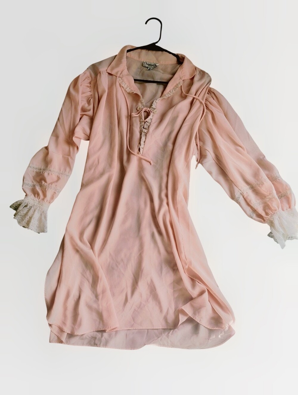 Dior Saks Fifth Avenue Vintage Blush Pink Lace-Trim Long Sleeve Peasant Dress
